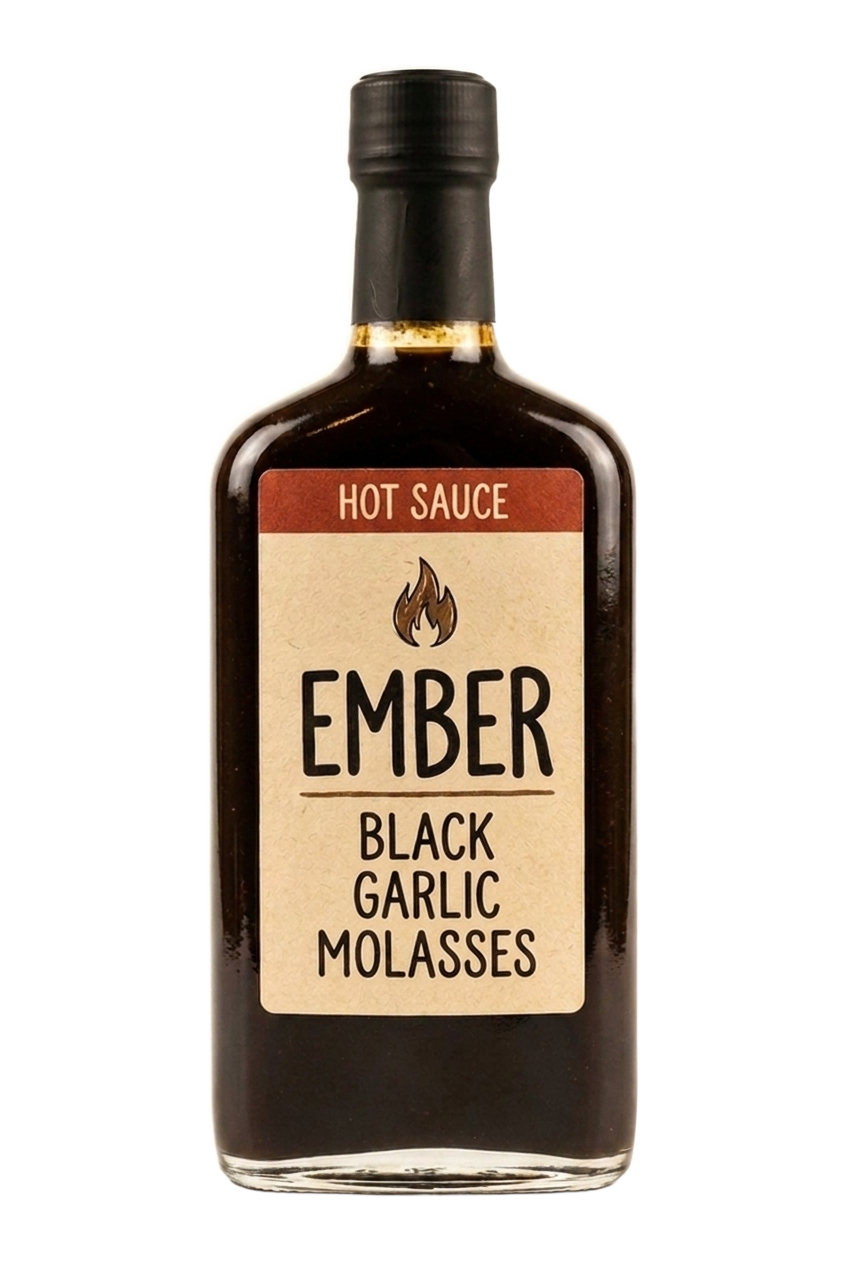 Ember Black Garlic Molasses hot sauce bottle