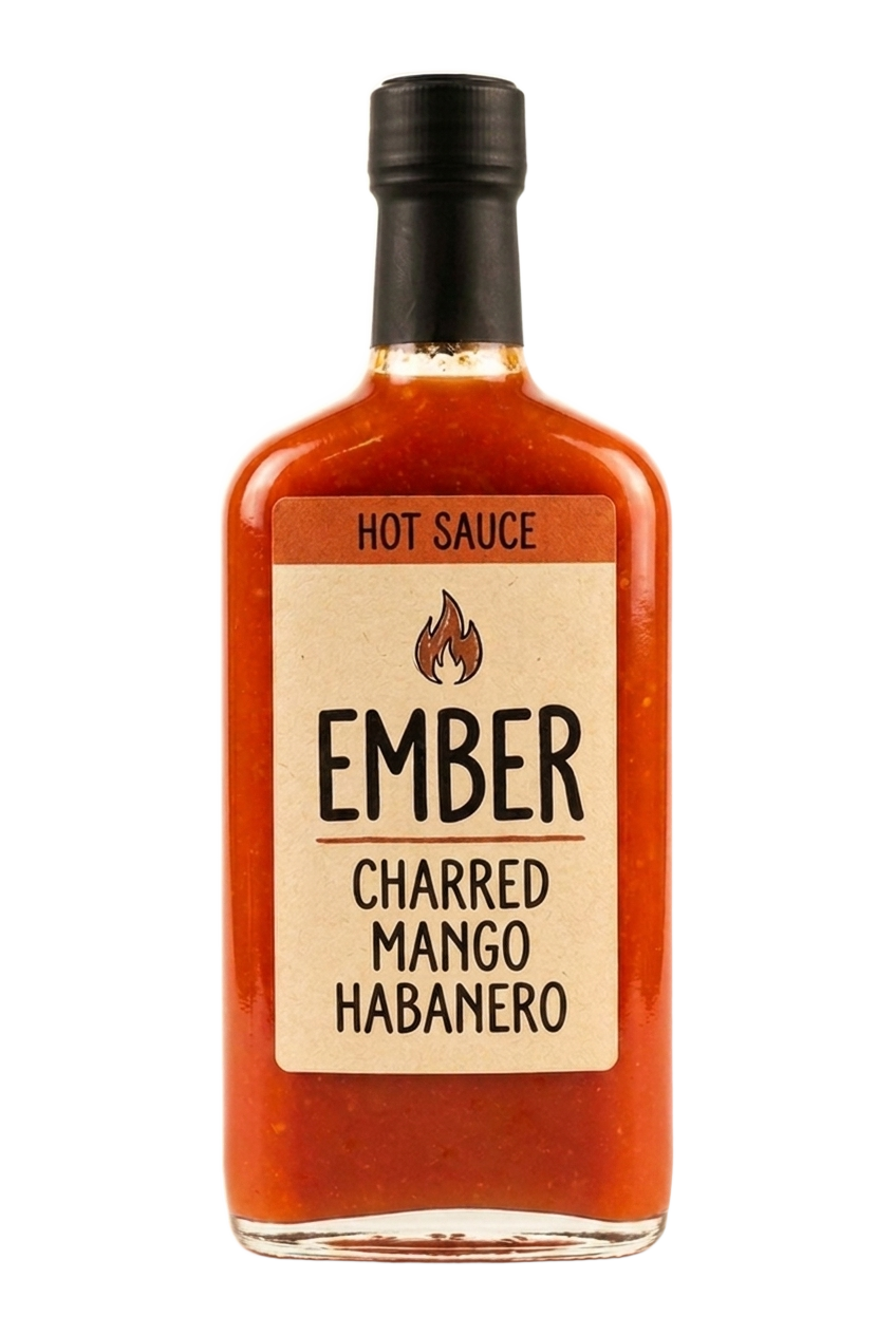 Ember Charred Mango Habanero hot sauce bottle