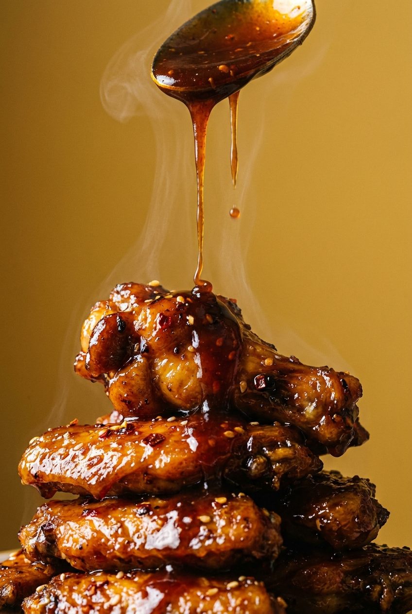 Glazed wings dripping with Ember sauce